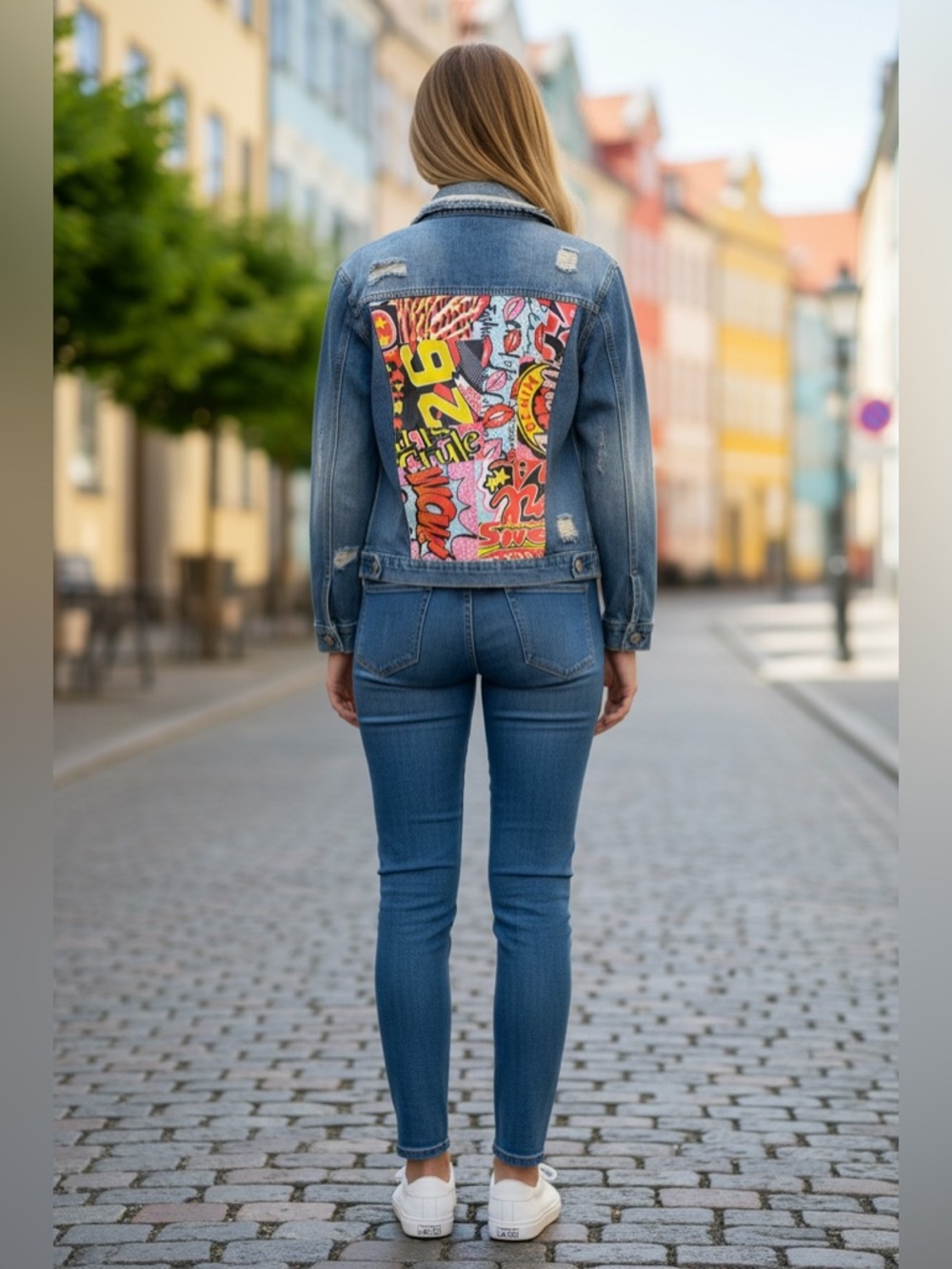 Blu Edit Distressed Denim Jacket Empowering Women Screen Print Back ComiCon Sm